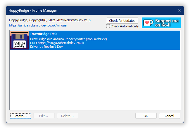 FloppyBridge Profile Manager - vytvořena konfigurace pro DF0: