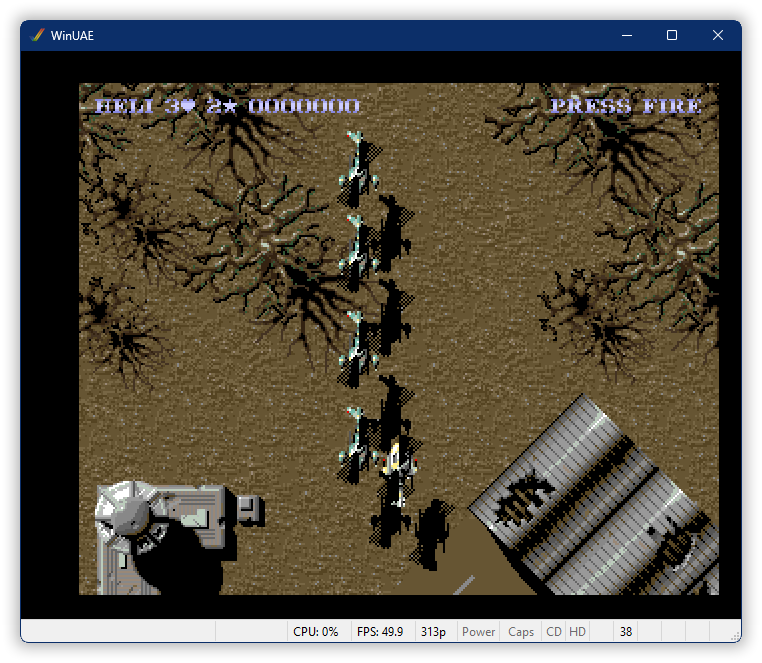 Oblíbená hra SWIV, která běží ze skutečné diskety v emulátoru WinUAE