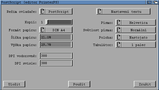 Konfigurační editor PrinterPS - zde lze nastavit specifické nastavení pro PostScriipt