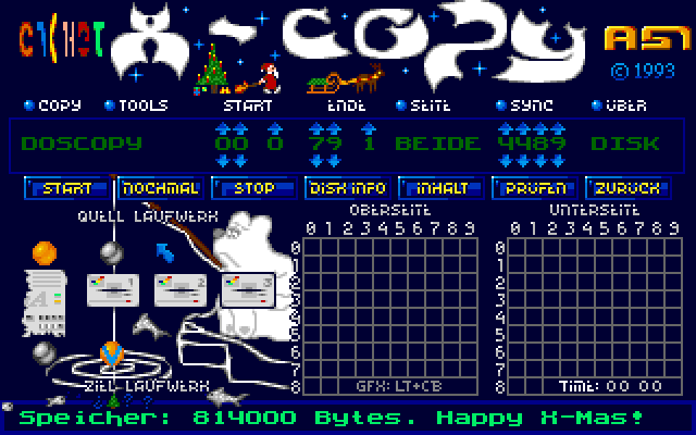 Ukázka obrazovky X-Copy Pro verze Xmas '93 (1993).